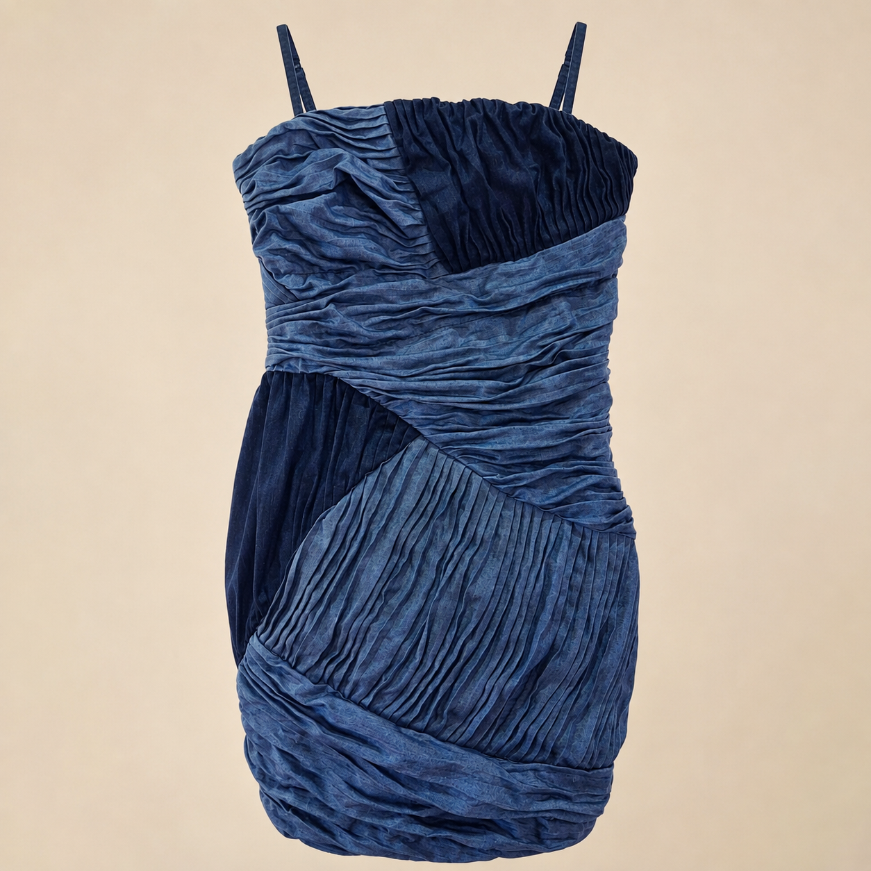 Ruched Pleated Denim Blue Mini Dress - Size 28 - Image 2