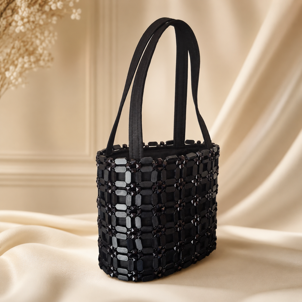 Black Beaded Tote Handbag