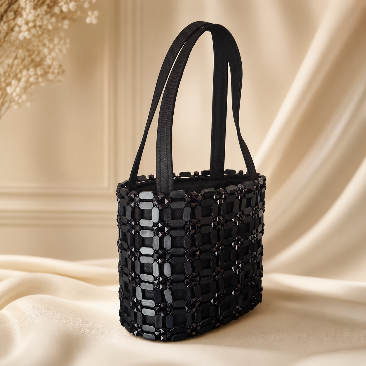 Black Beaded Tote Handbag