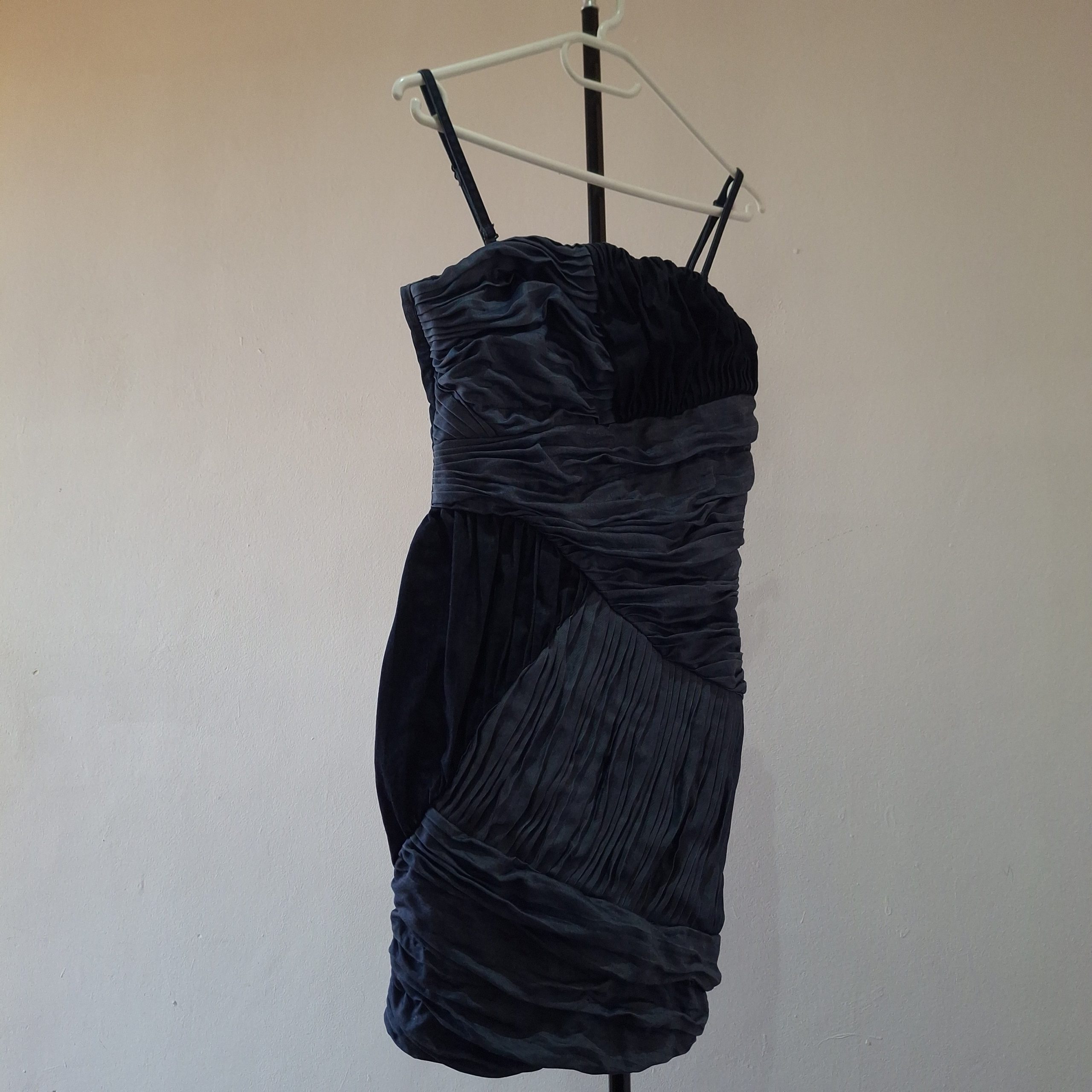 Ruched Pleated Denim Blue Mini Dress - Size 28 - Image 3