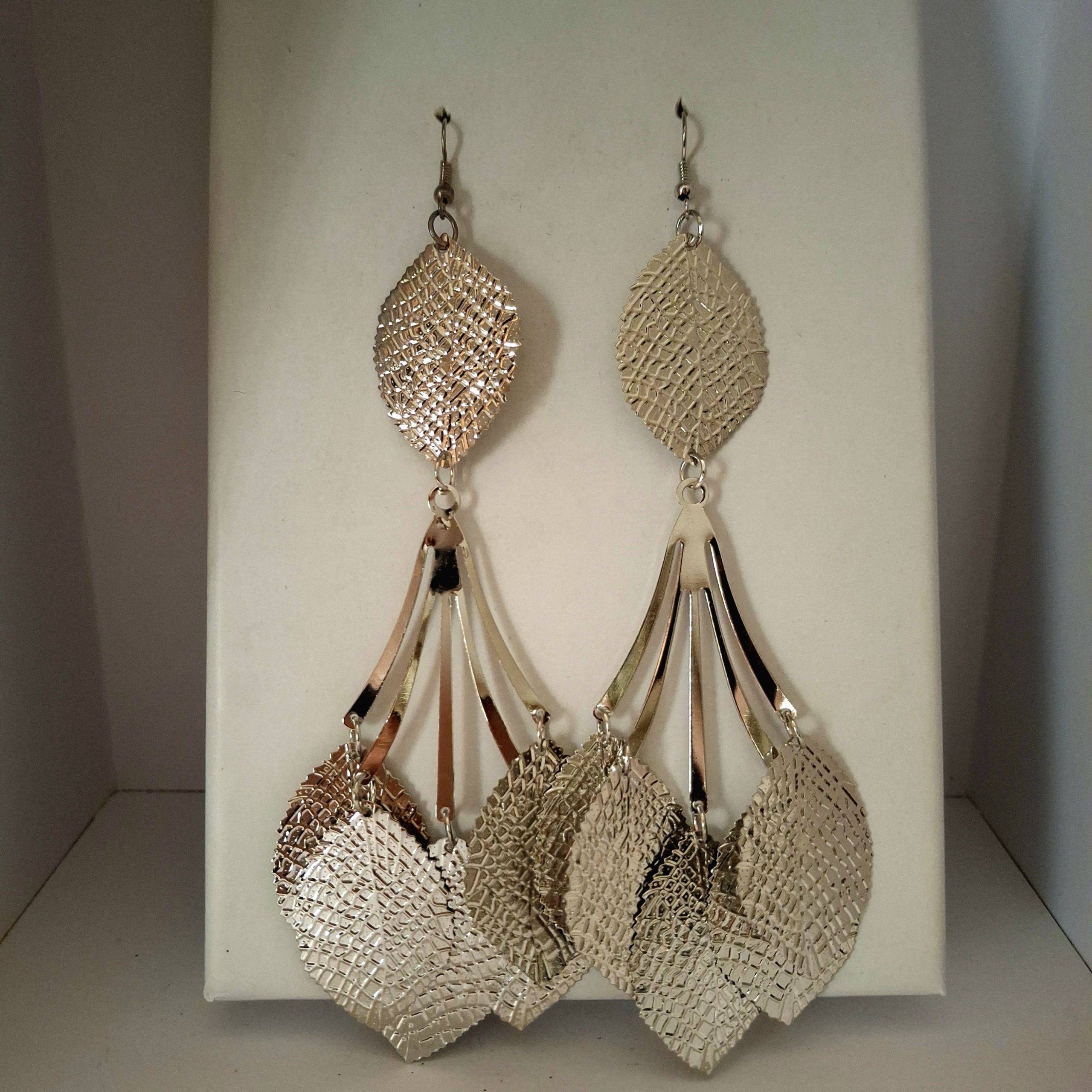 Long Silver Textured Leaf Drop Earrings - Image 3