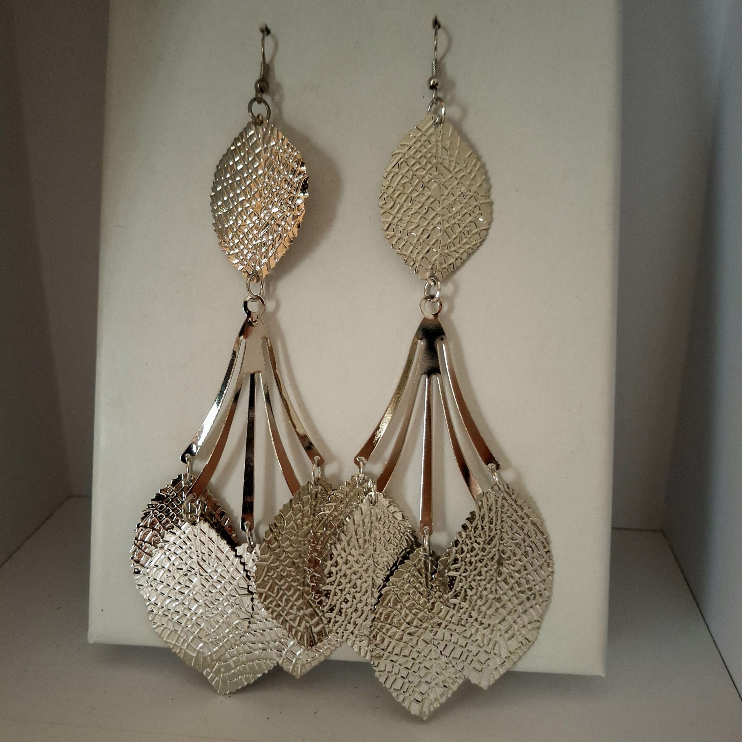 Long Silver Textured Leaf Drop Earrings